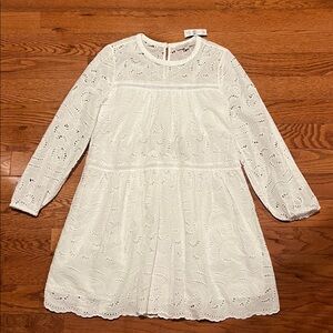 The LOFT White Eyelet Overlay Long Sleeve Short Tiered Swing Dress Women's M NWT